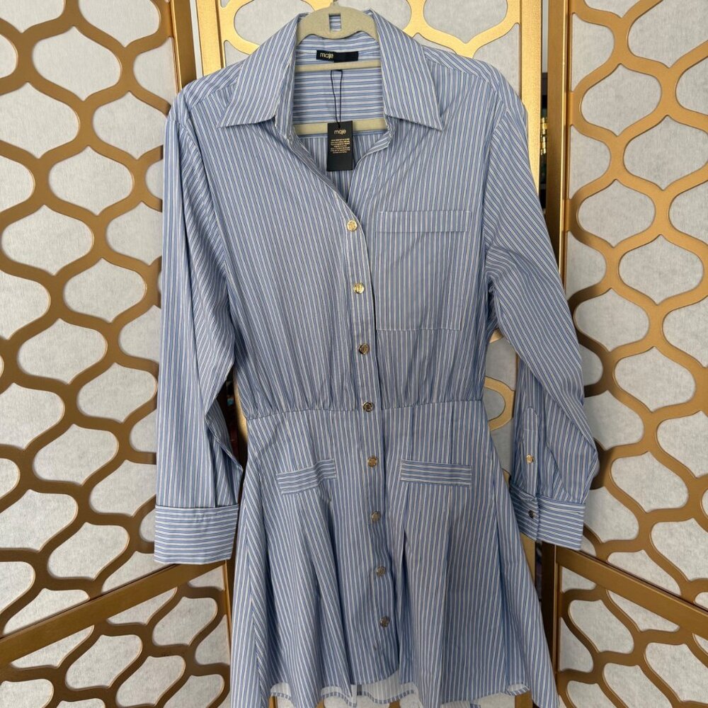 Maje Size M NEW Blue & White Striped Long Sleeve Button-Front Mini Shirt Dress - Picture 12 of 16